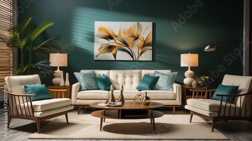 Clean Teal and Cream Living Room