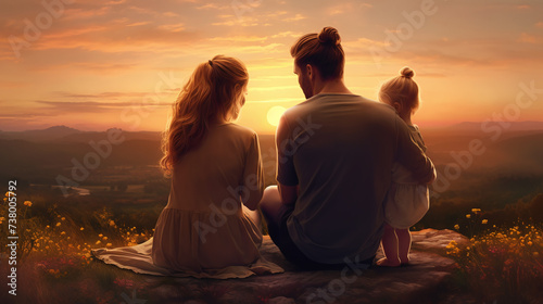Young family with little baby girl looking at sunset