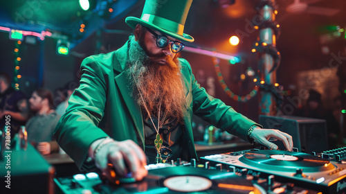 DJ in a Leprechaun costume in a Club / Bar. St. Patricks Day photo