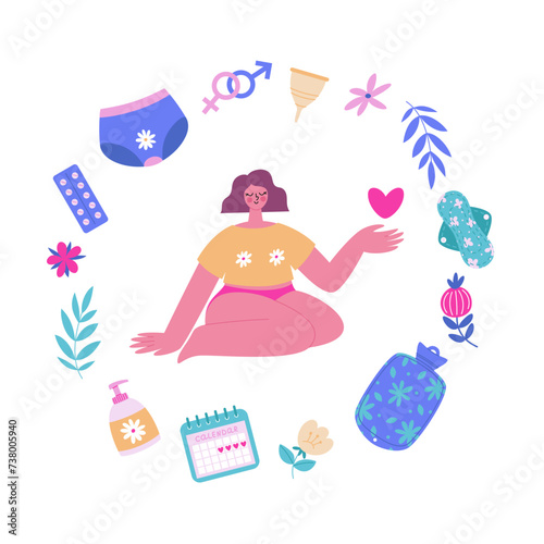 Woman and menstrual period. A girl with a heart in her hand sitting on the floor with various period accessories around her. Comfort period time. Bodypositive concept