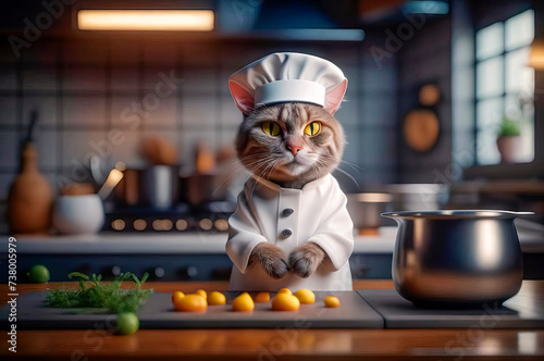 Serious and handsome chef cat preparing food in the kitchen