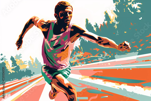 A stylized illustration of a runner sprinting energetically on a track