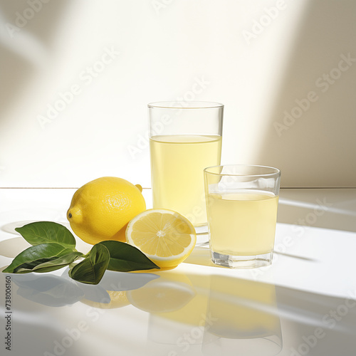 Glass of lemon juice on table with lemons around it on white background