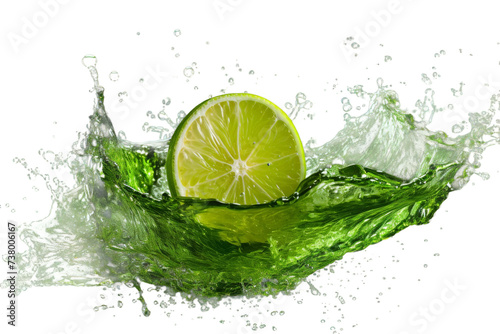 Lime With Splashing Water. A vibrant green lime sits in the center of the frame as water splashes vigorously around it.