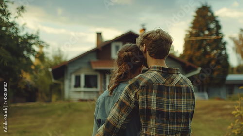 young couple standing in front of thier new house