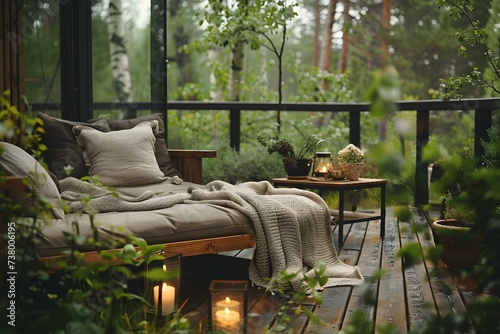 Relax on a wooden terrace with cozy furniture surrounded by natures beauty. Concept Wooden Terrace, Cozy Furniture, Nature's Beauty, Relaxation © Anastasiia