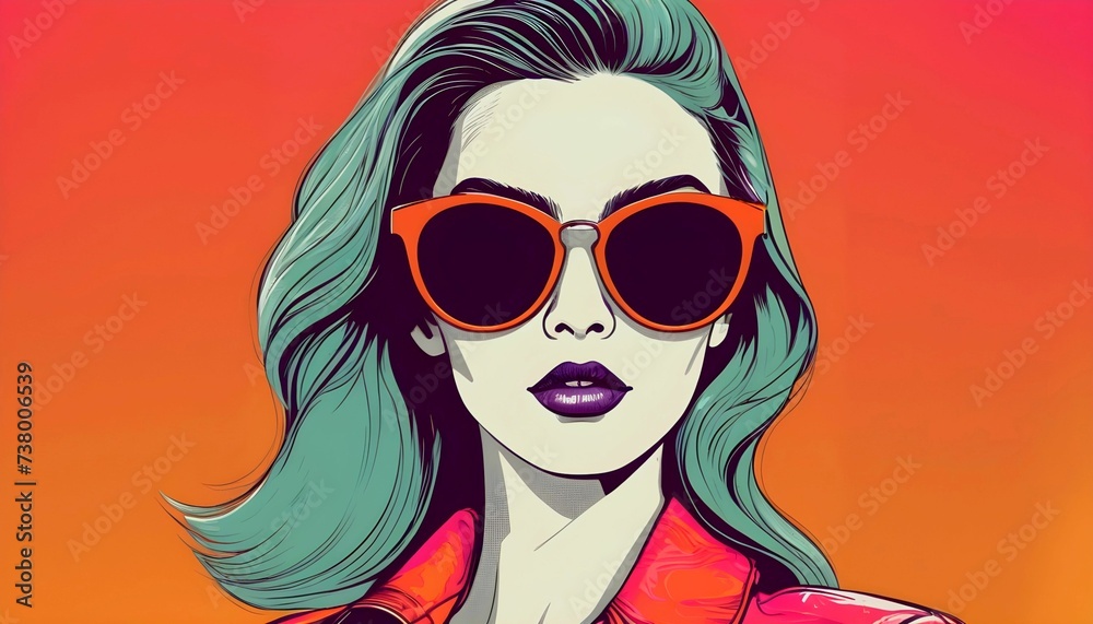 Fashion portrait of a model girl in sunglasses. Poster or flyer in trendy retro colors. Vector illustration created with generative ai