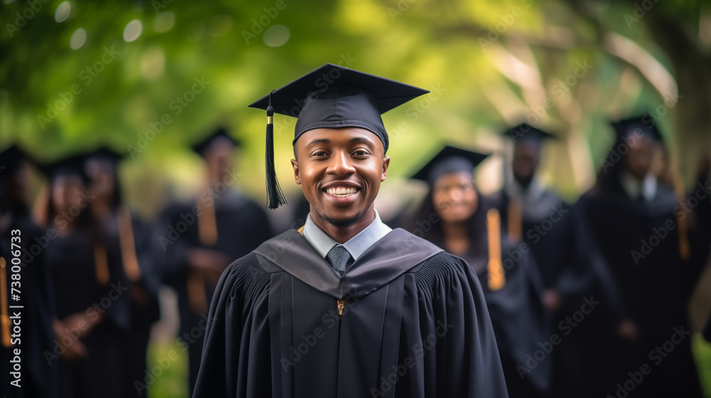 Portrait of beautiful happy african young man in graduation attire among jubilant graduates in outdoor setting. Generative AI. Portrait of beautiful happy african young man in graduation attire among jubilant graduates in outdoor setting. Generative AI.