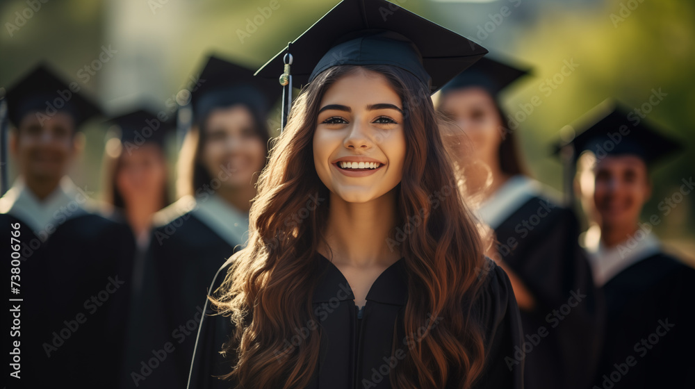 Portrait of beautiful happy girl in graduation attire among jubilant graduates in outdoor setting. Generative AI Portrait of beautiful happy girl in graduation attire among jubilant graduates in outdoor setting. Generative AI