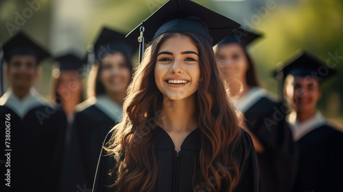 Portrait of beautiful happy girl in graduation attire among jubilant graduates in outdoor setting. Generative AI © Viktoriia