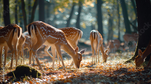A group of deer grazing in a sunlit glade
