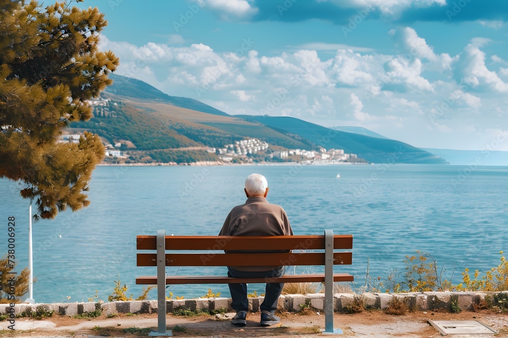 Elderly man peacefully rests on a bench overlooking Bursas scenic coastline. Concept Scenic Coastline, Elderly Man, Peaceful Rest, Bench, Bursa