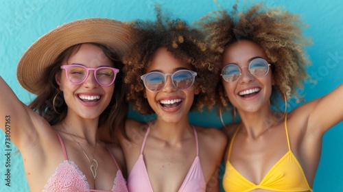 Close up portrait of three beautiful young women in swimsuits and sunglasses smiling and looking at camera against cyan wall.