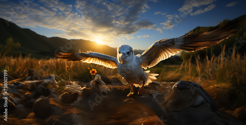 Adventurous Albatross Chick Taking First Flight Capture the thrilling moment of a young albatross chick as it takes its first tentative steps into the open sky, spreading its wings and soaring into th photo