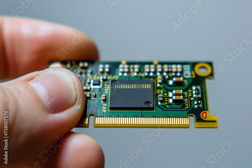 Person holds small microcircuit on white background. Close-up photo of the microcircuit