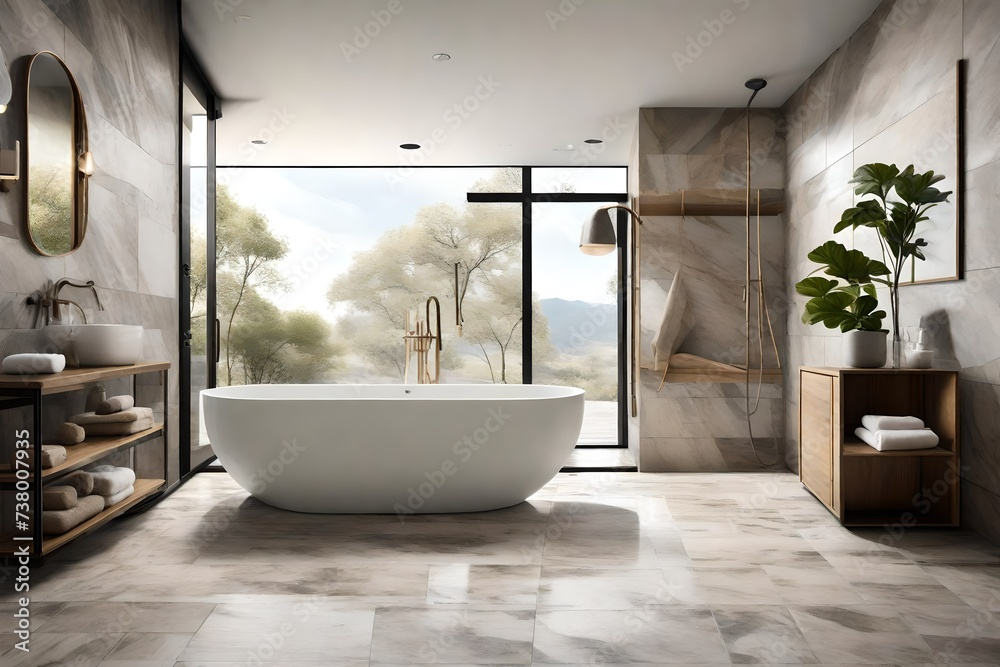 a spa-like bathroom with a freestanding tub, natural stone tiles, and tranquil decor. a spa-like bathroom with a freestanding tub, natural stone tiles, and tranquil decor.