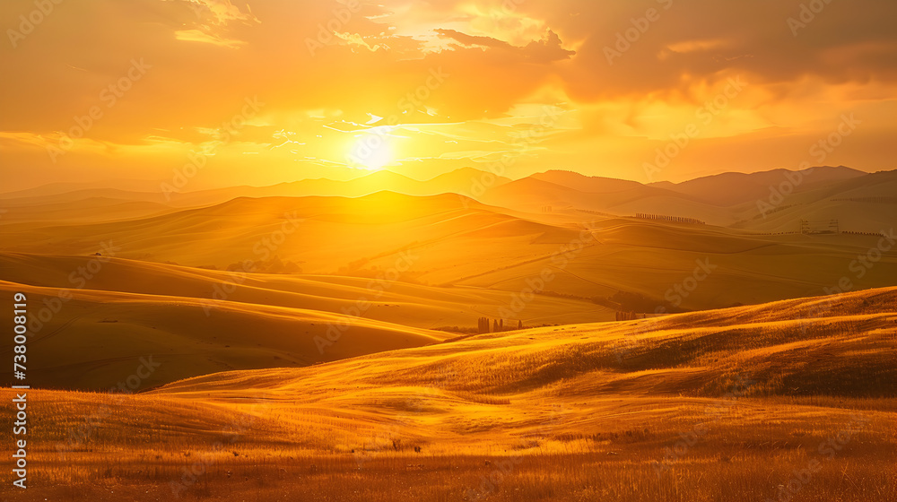 Stunning panoramic shot of a colorful sunrise over a wide open field,,
A field with a sunset in the background