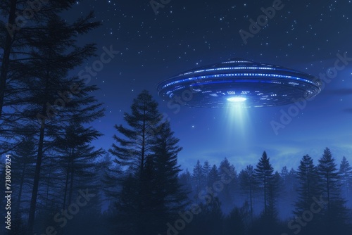 Alien spaceship at night in a forest, fantasy and fiction concept.