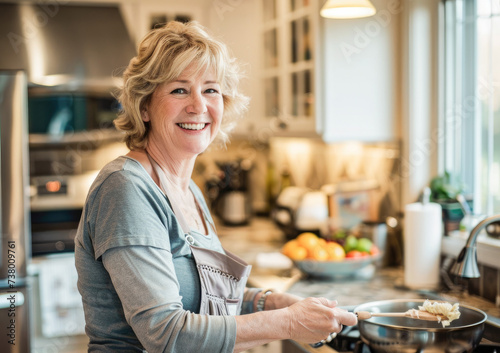Beautiful mature woman at home smiling preparing lunch in a modern kitchen. Senior woman in the kitchen cooking. Healthy food and senior people concept. 