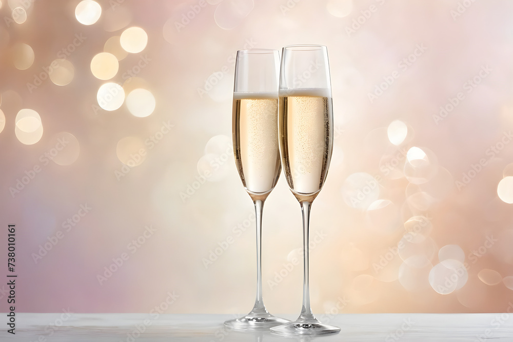 Two champagne glasses, translucent crystal reflecting a gentle bokeh effect from a minimalist background with soft pastel hues. Generative AI Two champagne glasses, translucent crystal reflecting a gentle bokeh effect from a minimalist background with soft pastel hues. Generative AI