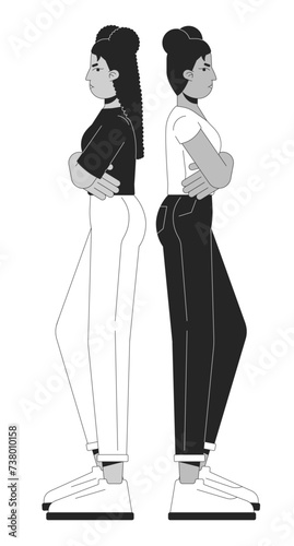 Disagreement conflict friends black and white cartoon flat illustration. Arms folded angry 2D lineart characters isolated. Emotional expressing, body language monochrome scene vector outline image