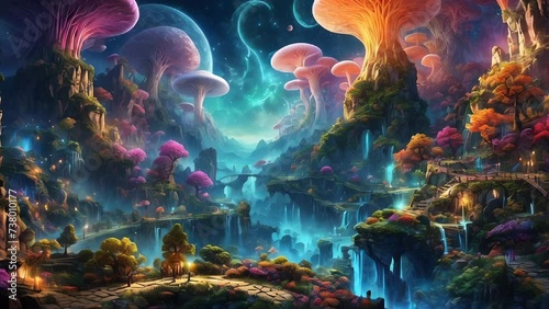 Mushroom fantasy landscape towering mountains and river canyons photo