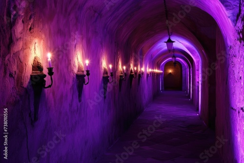 Large corridor of a medieval castle with torch with purple lights  fantasy concept.