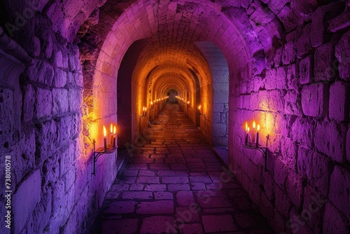 Large corridor of a medieval castle with torch with purple lights, fantasy concept. © Deivison