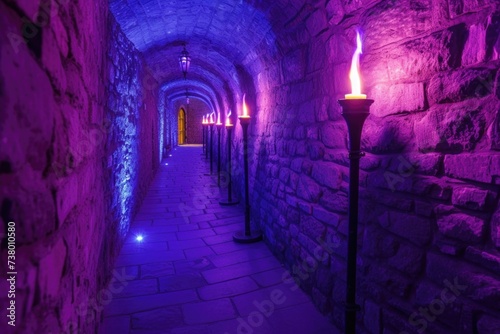 Large corridor of a medieval castle with torch with purple lights, fantasy concept.