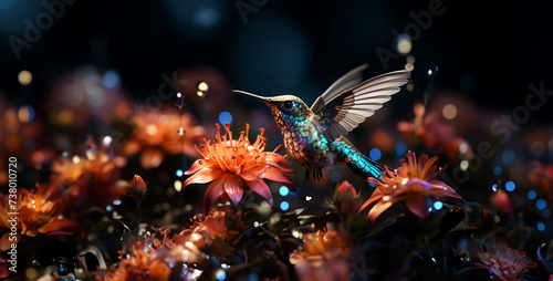 fireworks in the night sky, Colorful Hummingbird Feeding Showcase the delicate beauty of a hummingbird as it hovers near a vibrant flower, sipping nectar with its long, slender beak super realistic © Yasir
