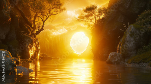 A mystical portal of golden light opening up in the midst of a serene natural landscape