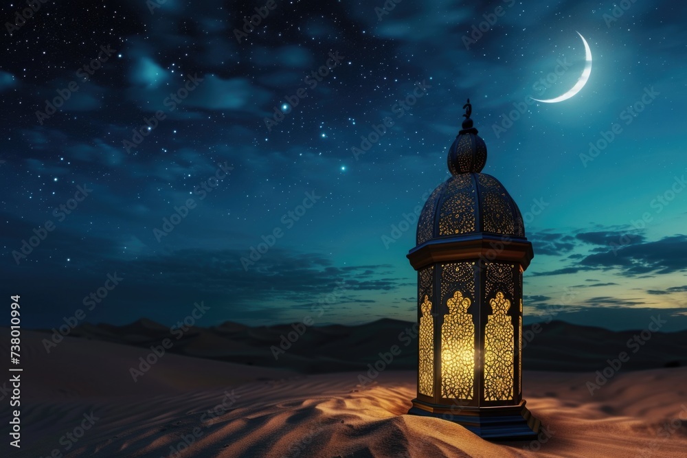 Moroccan lantern for Ramadan on the desert sand, sky with stars at night, Ramadan holiday. Moroccan lantern for Ramadan on the desert sand, sky with stars at night, Ramadan holiday.