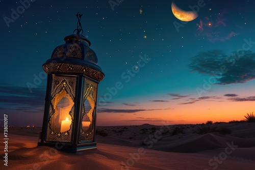 Moroccan lantern for Ramadan on the desert sand  sky with stars at night  Ramadan holiday.