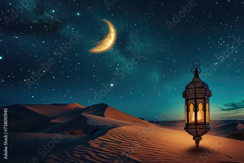 Moroccan lantern for Ramadan on the desert sand  sky with stars at night  Ramadan holiday.