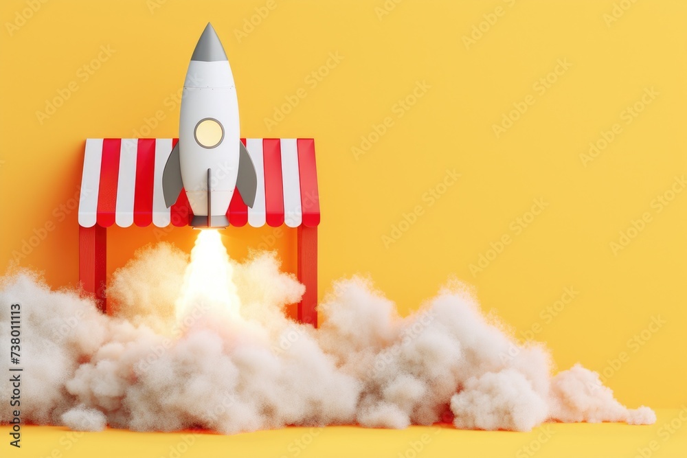 Red and white awning and rocket taking off, startup and online stores concept, yellow background.