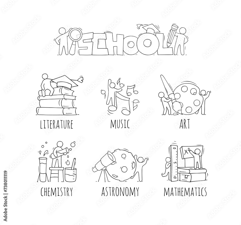 School subjects icons with symbols of music, literature, art and chemistry.