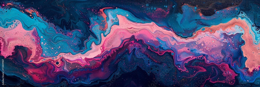 Abstract Fluid Art Painting in Vibrant Pink and Blue Hues with Textured Waves and Dynamic Movement