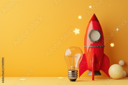 Rocket next to a light bulb, startup concept, idea and creativity, yellow background.