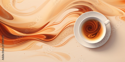 White cup of coffee, top view, on a patterned background of soft waves and stains