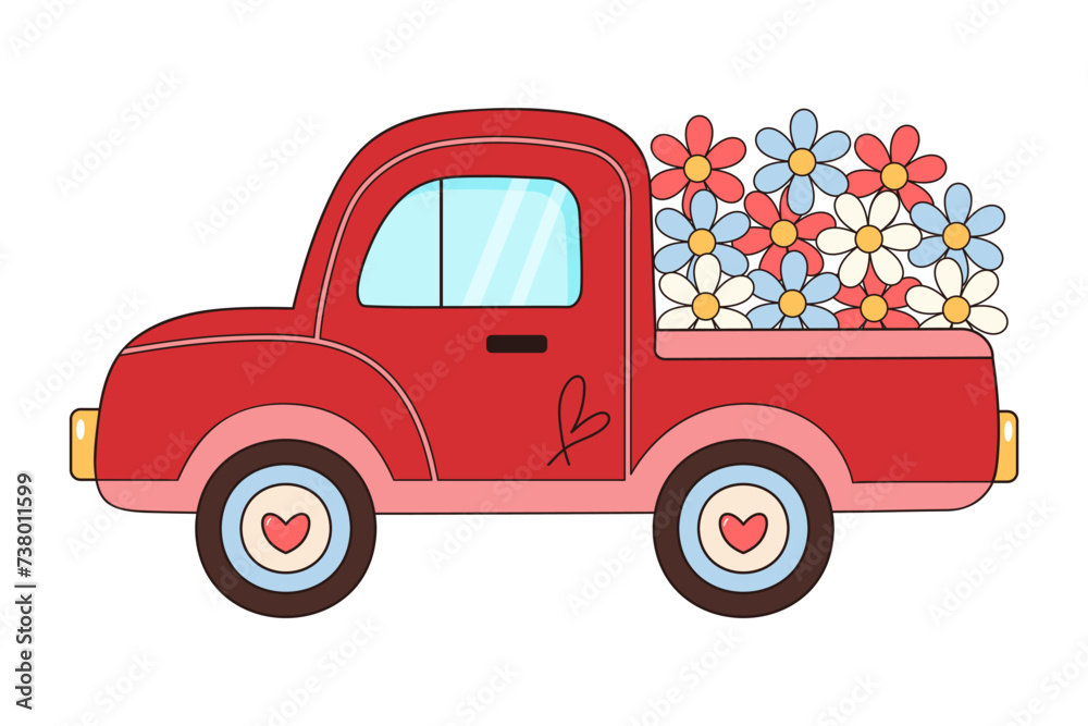Groovy retro car with daisies flowers. Hippie vintage flower truck. Love, peace, travel, adventure, hippie culture concept.