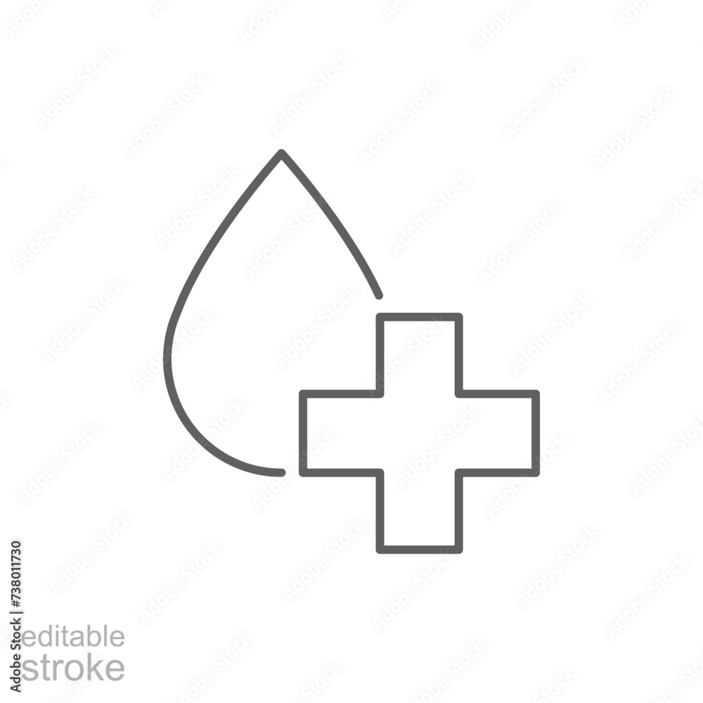 Clear water icon. Simple outline style. Plus, drop water, medical, emergency, infusion, addition, cross, nature, health concept. Thin line symbol. Vector illustration isolated. Editable stroke. Clear water icon. Simple outline style. Plus, drop water, medical, emergency, infusion, addition, cross, nature, health concept. Thin line symbol. Vector illustration isolated. Editable stroke.