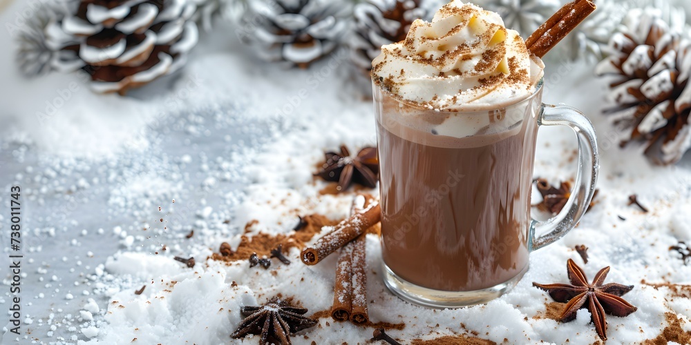 Creamy Spiced Cocoa with Cinnamon: The Perfect Winter Beverage for a Snowy Scene. Concept Snowy Hot Chocolate, Winter Warmth, Spiced Cocoa Delight, Cozy Beverage, Cinnamon Infused Indulgence