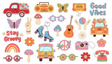 Retro groovy hippie set. 60s,70s vintage psychedelic clipart.  Cartoon funny boho stickers.