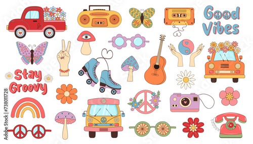 Retro groovy hippie set. 60s,70s vintage psychedelic clipart.  Cartoon funny boho stickers.
