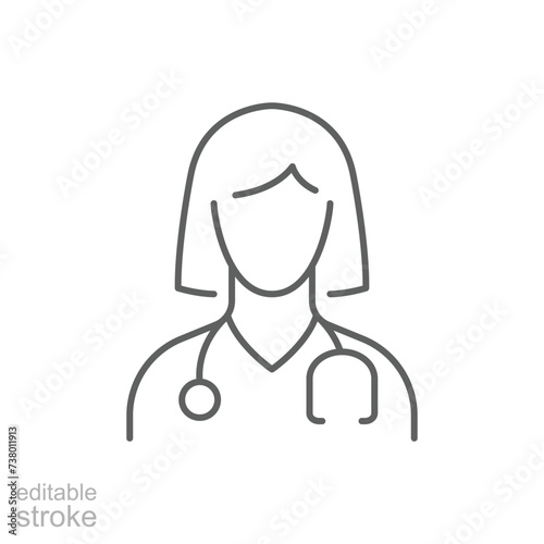 Doctor icon. Simple outline style. Medic, physician, professional, medicine, lady, woman, female, stethoscope, health concept. Thin line symbol. Vector illustration isolated. Editable stroke.