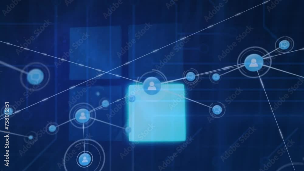 Animation of network of connections with icons and data loading Animation of network of connections with icons and data loading