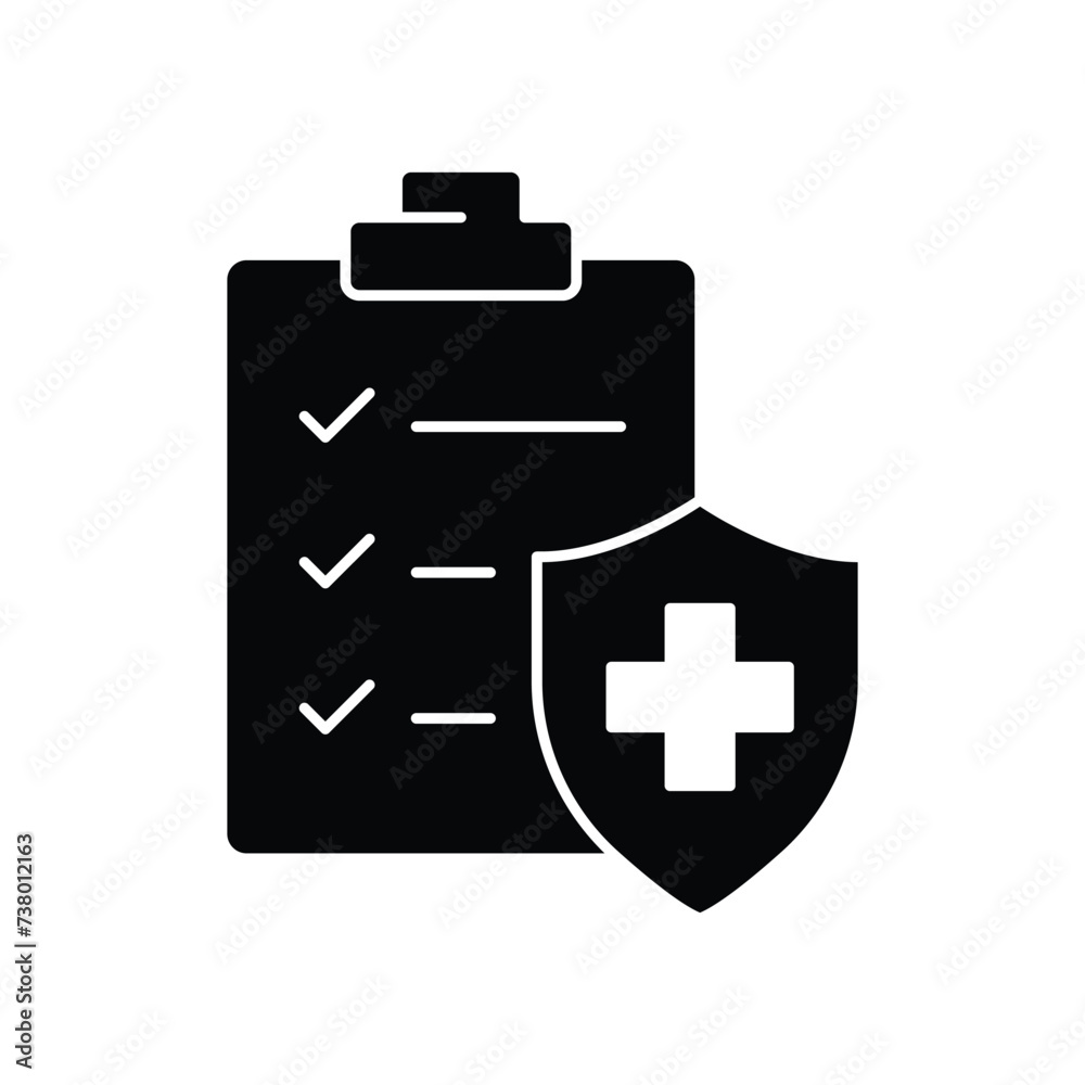 Hospital diagnostic document icon. Simple solid style. Clipboard with shield, health diagnosis, insurance, medical, healthcare concept. Black silhouette, glyph symbol. Vector illustration isolated. Hospital diagnostic document icon. Simple solid style. Clipboard with shield, health diagnosis, insurance, medical, healthcare concept. Black silhouette, glyph symbol. Vector illustration isolated.