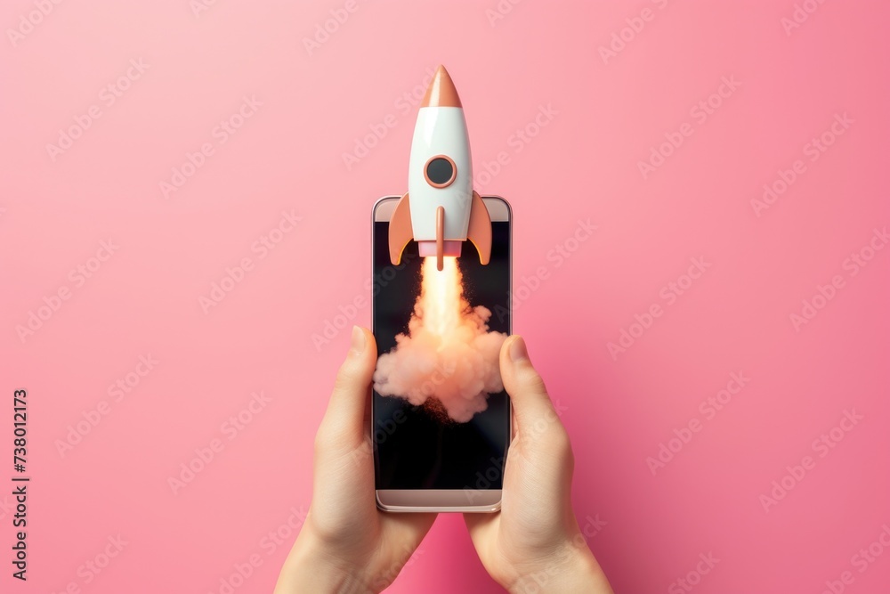 Obraz premium Hand holding cell phone and rocket taking off from the screen, startup, technology and business concept, pink background.
