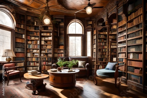 an eclectic, book-filled library with cozy reading nooks, vintage furniture, and intellectual charm.