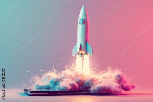 Rocket taking off from the cell phone screen, startup, technology and business concept.